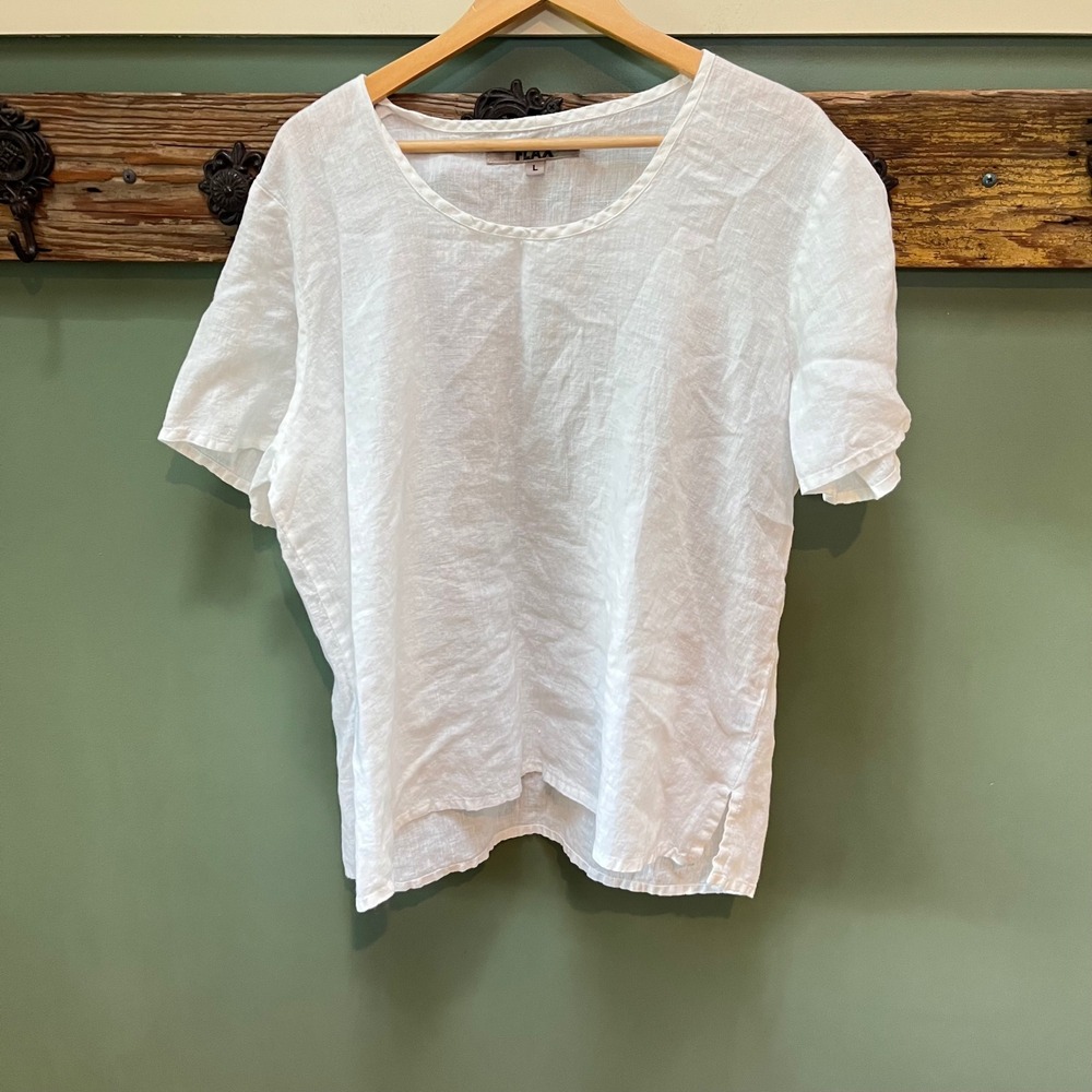 FLAX Women White 100% Linen Short Sleeve Round Neck Relaxed Top Large